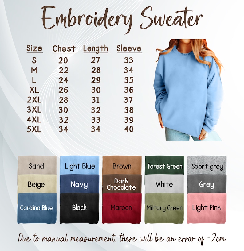 May include: Light blue embroidery sweater with size chart and color swatches. The chart shows chest, length, and sleeve measurements in inches. Colors include sand, beige, light blue, navy, black, brown, dark chocolate, maroon, forest green, white, military green, sport grey, grey, and light pink.