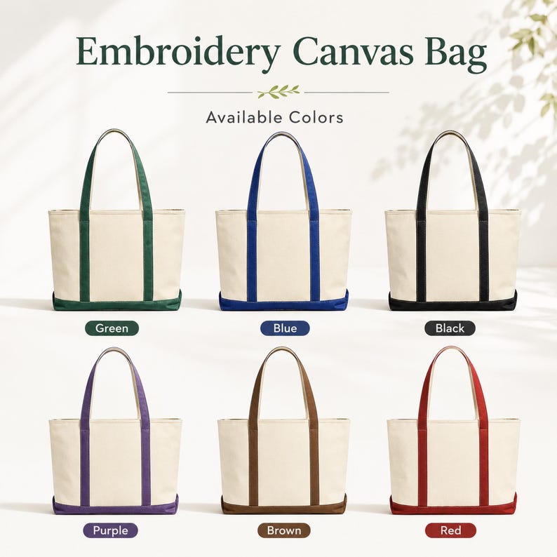 May include: An assortment of canvas tote bags in various colors, including green, blue, black, purple, brown, and red. Each bag features a cream-colored body with colored handles and a matching base. The text "Embroidery Canvas Bag" and "Available Colors" are displayed at the top.