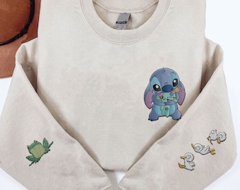 Embroidered Stitch And Scrump Frog Duck Sweatshirt, Lilo and Stitch  Embroidery Shirt, Stitch Lover Shirt, Disney Family Trip Outfits