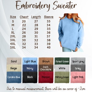 May include: Size chart for an embroidery sweater in various colours. The chart shows sizes from S to 5XL with corresponding chest, length, and sleeve measurements in inches.