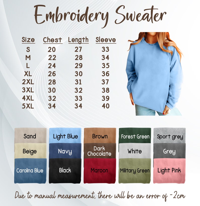 May include: Size chart for an embroidery sweater in various colours. The chart shows sizes from S to 5XL with corresponding chest, length, and sleeve measurements in inches.