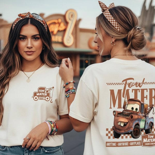 Camiseta retro de dos caras Tow Mater, remolque y salvamento, con colores cómodos de Radiator Springs, camiseta lavada a cuadros de Disney Cars, viaje a Disneyland