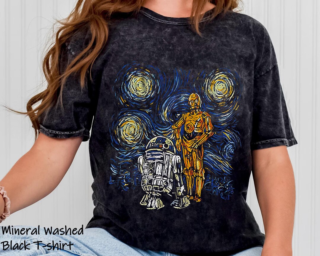 T-shirt Homme STAR WARS C-3PO & R2-D2 Gogh Starry Night - Design Drôle - 100% Coton - Taille 3XL Charbon - Produit Officiel