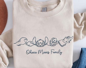 Sweter z haftowanymi falami i motywem Pudge Ohana oznacza rodzinę, haft retro Disney Lilo i Stitch, pasujące elementy rodzinnej wycieczki do Disneylandu 2025