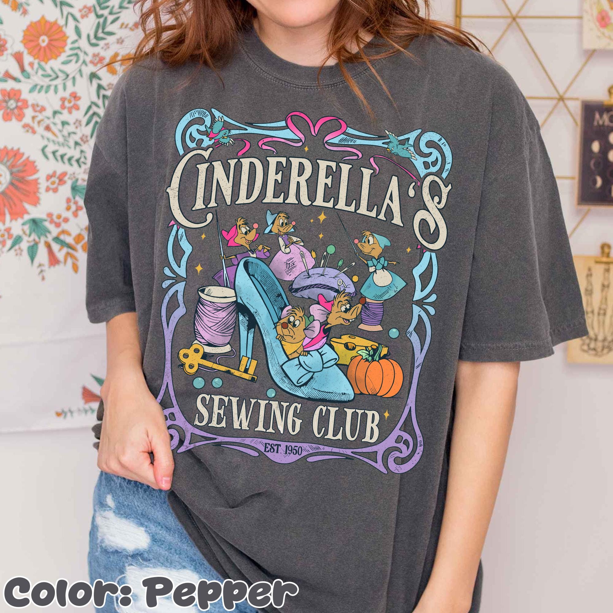 Cinderella♡Shop  Vintage Disney Cinderella Princess Sewing Club Est 1950 Shirt, Jaq