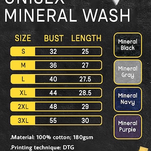 May include: Size chart for a unisex t-shirt with mineral wash. The chart shows sizes S through 3XL with corresponding bust and length measurements in inches. The chart also shows the color options: Mineral Black, Mineral Gray, Mineral Navy, and Mineral Purple.