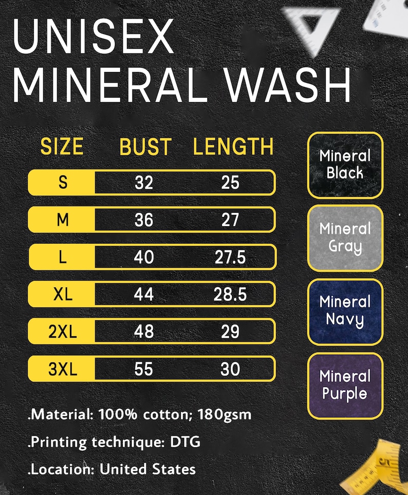 May include: Size chart for a unisex t-shirt with mineral wash. The chart shows sizes S through 3XL with corresponding bust and length measurements in inches. The chart also shows the color options: Mineral Black, Mineral Gray, Mineral Navy, and Mineral Purple.