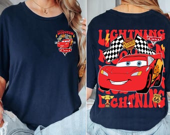 Camiseta de Rayo McQueen de 1977 con banderas a cuadros de dos caras, colores cómodos, camiseta retro de Disney Cars, coche de carreras, Disney World, viaje a Disneyland