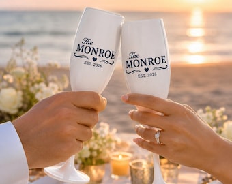 Custom Family Name Wedding Toasting White Champagne Flutes, Personalized Champagne Glass Gift For Couple, Wedding Gift, Bride Groom Gift
