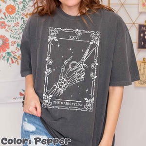 Spooky Hairstylist Tarot Card Shirt, Skeleton Hand With Scissors Tee, Floral Hairdresser Halloween Shirt, Halloween Gift for Hair Stylist