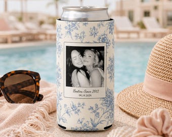 Custom Besties Photo Toile De Jouy Bachelorette Can Cooler, Personalized Maid Of Honor Coozie, Girls Trip Drink Holder, Bridesmaid Gift Idea