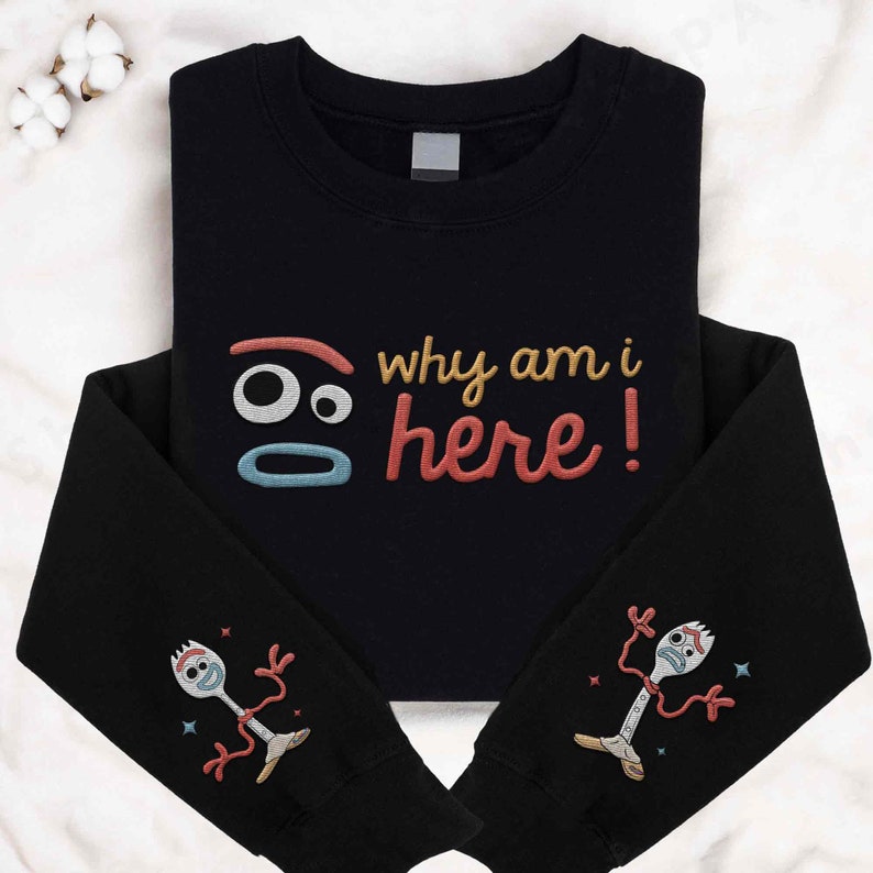 May include: Black sweatshirt with a red, yellow and blue embroidered design that says "Why am I here!" and a cartoon character with a fork for a head on each sleeve.