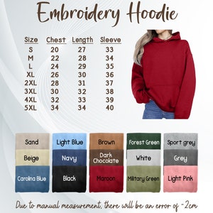 May include: A size chart for a hoodie with measurements in inches for chest, length, and sleeve. The chart shows sizes from S to 5XL. The hoodie is shown in red. Below the chart are colour swatches for different colours of the hoodie, including sand, light blue, brown, forest green, sport grey, beige, navy, dark chocolate, white, grey, carolina blue, black, maroon, military green, and light pink.
