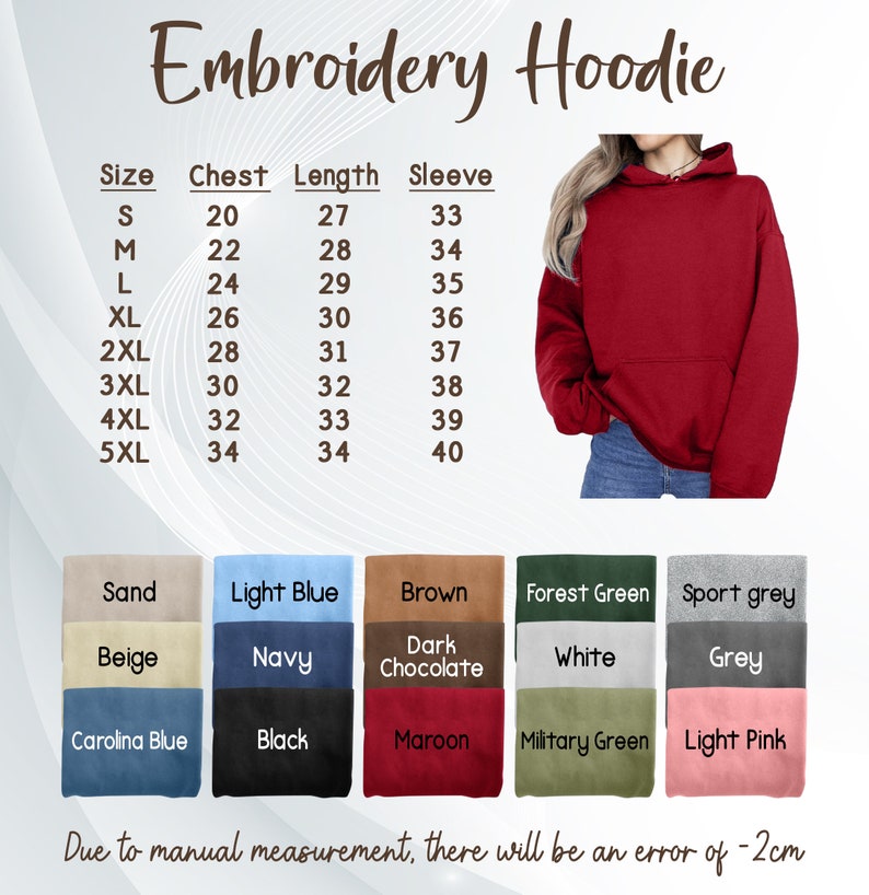 May include: A size chart for a hoodie with measurements in inches for chest, length, and sleeve. The chart shows sizes from S to 5XL. The hoodie is shown in red. Below the chart are colour swatches for different colours of the hoodie, including sand, light blue, brown, forest green, sport grey, beige, navy, dark chocolate, white, grey, carolina blue, black, maroon, military green, and light pink.