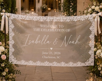 Custom Name Lace Wedding Welcome Sign, Personalized Sheer Wedding Sign, Wedding Boho Ceremony Decor, Fabric Bridal Shower Sign