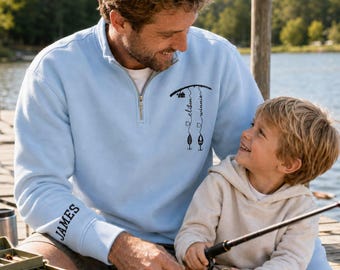 Custom Embroidered Reel Cool Dad Fishing Quarter Zip Sweatshirt, Personalized Fishing Pole Pullover, Father's Day Gift, Fisherman Dad Gift