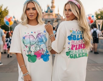 Camiseta de castillo de cuento de hadas mágico de doble cara, camiseta de parque temático mágico, conjunto a juego para vacaciones, camiseta retro de hadas en acuarela, linda camiseta de cumpleaños
