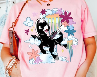Vintage Floral Clouds Black Pegasus Flying T-shirt, Fantasia Pegasus Tee, Cute Disney Cartoon Horse Shirt, Disneyland Family Trip Outfit