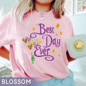 May include: Pink t-shirt with the text "Best Day Ever" in purple script. The design also includes a green chameleon holding purple, brown, and yellow balloons with Mickey Mouse ears.