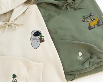 Custom Embroidered Wall E And Eve Matching Sweatshirt,  Couple Embroidery Sweater, Initial On Sleeve, Personalized Disney Couple Crewneck