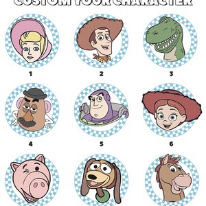 May include: Nine colorful cartoon character illustrations, each in a circle with a blue and white checkered border. The characters are from the Toy Story franchise, including Woody, Buzz Lightyear, Jessie, Mr. Potato Head, Rex, Hamm, Slinky Dog, Bo Peep, and Bullseye.
