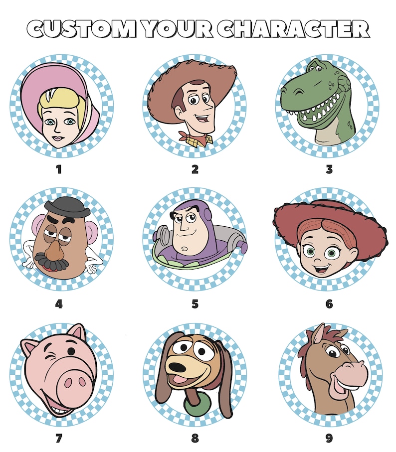 May include: Nine colorful cartoon character illustrations, each in a circle with a blue and white checkered border. The characters are from the Toy Story franchise, including Woody, Buzz Lightyear, Jessie, Mr. Potato Head, Rex, Hamm, Slinky Dog, Bo Peep, and Bullseye.