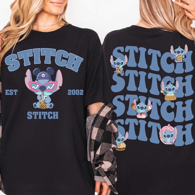 May include: Black t-shirt featuring a cartoon character with the word "STITCH" in blue, along with "EST 2002". The back of the shirt repeats "STITCH" with cartoon character graphics. A fun, casual tee.