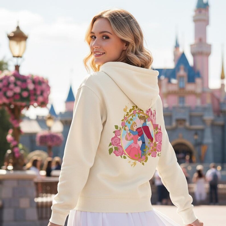 May include: Cream-colored hoodie featuring a colorful graphic on the back of a princess and prince dancing. The graphic is surrounded by pink roses and gold accents. The hoodie has a hood and long sleeves.