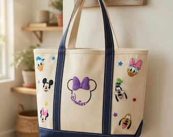 Custom Embroidered Cute Character Patch Tote Bag, Personalized Embroidery Bow Ear Shoulder Bag, Whimsical Cartoon Style Vacation Tote