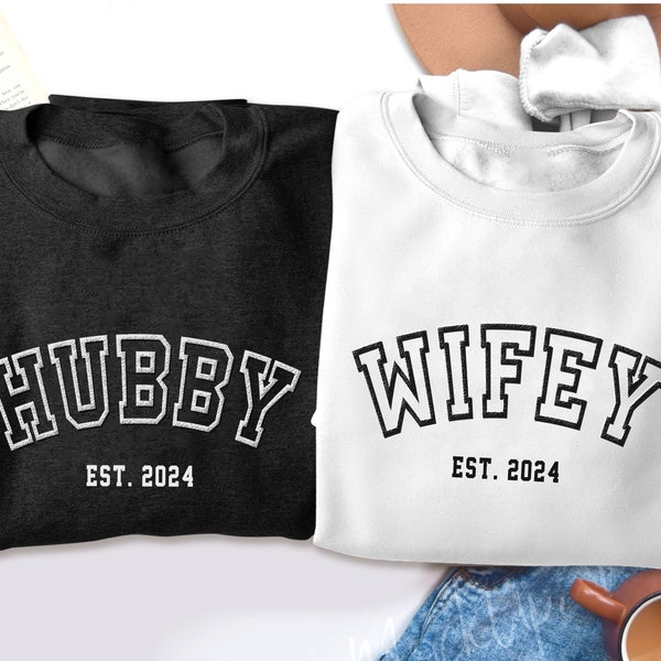 Puff Print Custom Year Wifey Hubby Shirt, Personalized Couple Matching Vinyl Tee, Honeymoon Outfit, Wedding Anniversary, Engagement Gift