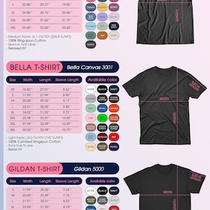 May include: A chart comparing the size, width, length, and sleeve length of three different t-shirt brands: Comfort Colors, Bella Canvas, and Gildan. Each brand has a different size chart and color options. The chart also includes the fabric weight and composition for each brand.
