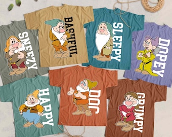 Disney Seven Dwarfs bijpassende shirt, grappig knorrig, niezen verlegen, slaperig Dopey Happy Doc Tee, Disney Snow White & Seven Dwarfs-shirt