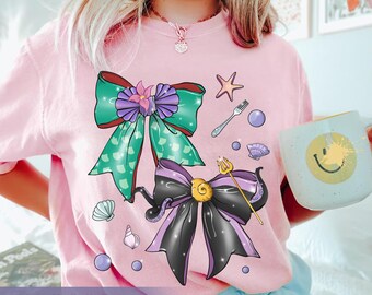 Disney The Little Mermaid Villains Coquette Bow Watercolor Shirt, Ursula And Ariel Tee, Disneyworld Disneyworld Family Matching Trip