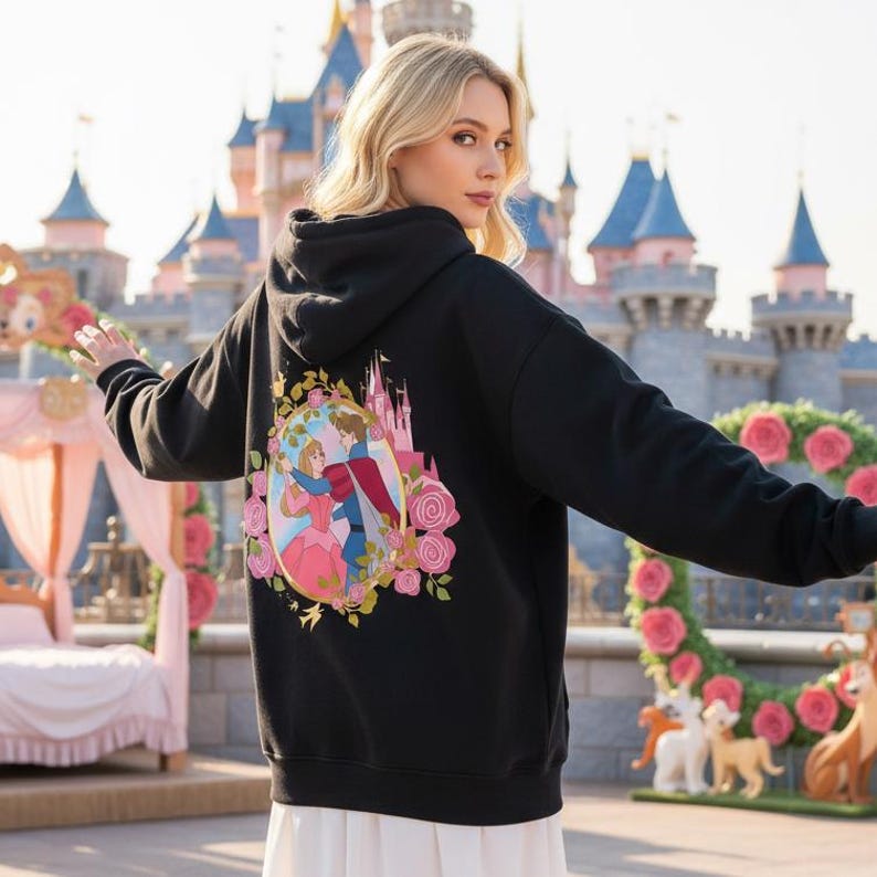 May include: Black hooded sweatshirt featuring a colorful graphic of a couple dancing in front of a castle, surrounded by pink roses. The sweatshirt has a drawstring hood and long sleeves. The background includes a pink castle and floral decorations.
