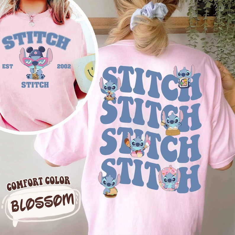 May include: Pink Comfort Color t-shirt with a blue Stitch graphic on the front and back. The front graphic includes the word "Stitch" and a cartoon character. The back features the word "Stitch" repeated four times with Stitch character illustrations.