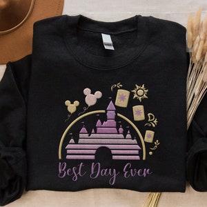 Embroidered  Castle Mickey Balloon Tangled Lanterns Best Day Ever Sweatshirt, Rapunzel  Princess Embroidery, 2024 Trip