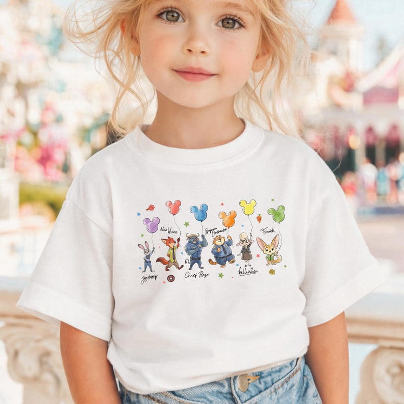 Op de afbeelding: Wit T-shirt met een kleurrijke illustratie van stripfiguren die Mickey Mouse-vormige ballonnen vasthouden. De karakters zijn onder meer een konijn, een vos, een stier en anderen. De namen van de karakters staan eronder geschreven. Het T-shirt wordt door een jong kind gedragen.
