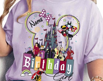 Aangepaste naam Disney schurken verjaardag meisjesshirt, beste verjaardag ooit T-shirt, gepersonaliseerde Disneyland Trip 2025, bijpassende familie verjaardagscadeau