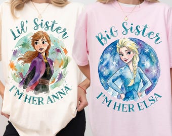 Camiseta de las Hermanas Frozen de Disney, linda camiseta de Elsa, hermana pequeña y Anna, camiseta para amantes de las princesas Disney, atuendo para viaje familiar a Disneyland