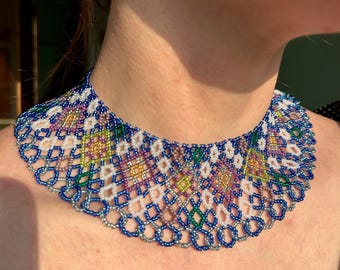 Royal Blue Ukrainian Necklace, Geometric Beaded Sylianka Collar