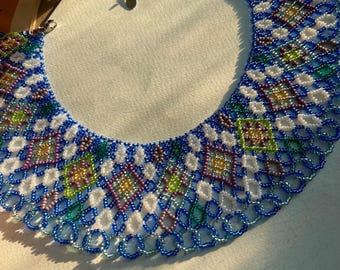 Handmade Sylianka Necklace, Royal Blue Beaded Choker, Ukrainian Folk Jewelry