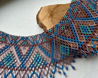 Handmade Choker in Blue, Purple, and Turquoise Tones Ukrainian beadwork jewelry, Geometric Beaded Ukrainian Sylianka Necklace, Perfect Gift