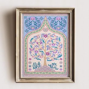 Pastel Tree of Life Print, Islamic Wall Art, Vintage Indian Art, Floral Print art, Folk art, living room decor, Bohemian Wall Art.