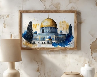 Islamic Wall Art,  Al Aqsa Mosque, Dome of the Rock, Palestine, Beautiful watercolor painting, Arabic design, Digital Print.