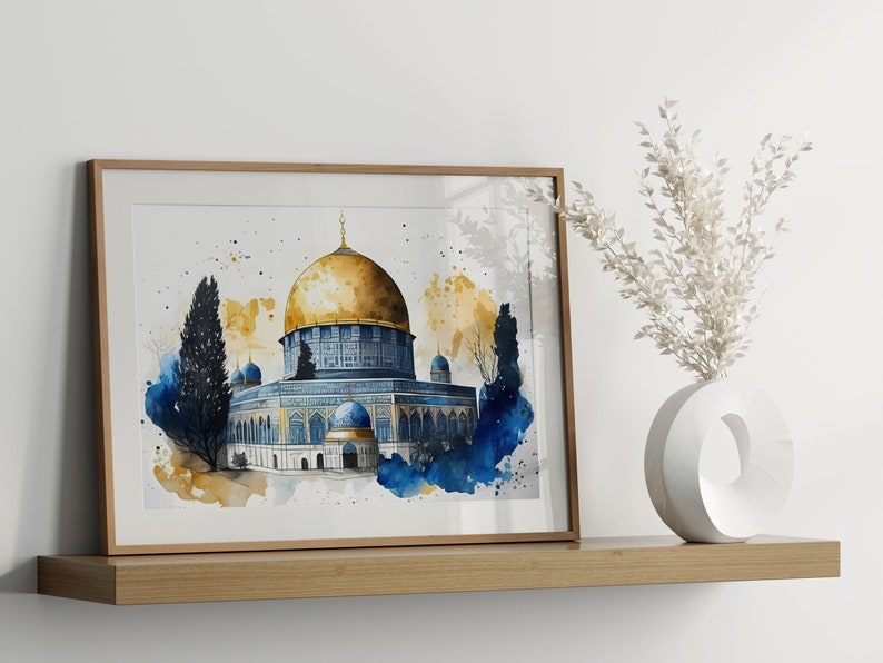 Islamic Wall Art, Al Aqsa Mosque, Dome of the Rock, Palestine, 300gsm Fine Art Paper, Watercolor painting, Arabic design. image 4