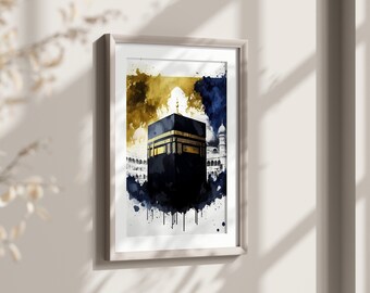 Islamische Wandkunst, Die heilige Kaaba, Mekka, 300 g/m² Fine-Art-Papier, Aquarellmalerei, arabisches Design.