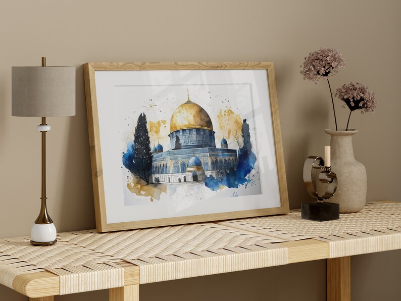 Islamic Wall Art, Al Aqsa Mosque, Dome of the Rock, Palestine, 300gsm Fine Art Paper, Watercolor painting, Arabic design. image 8