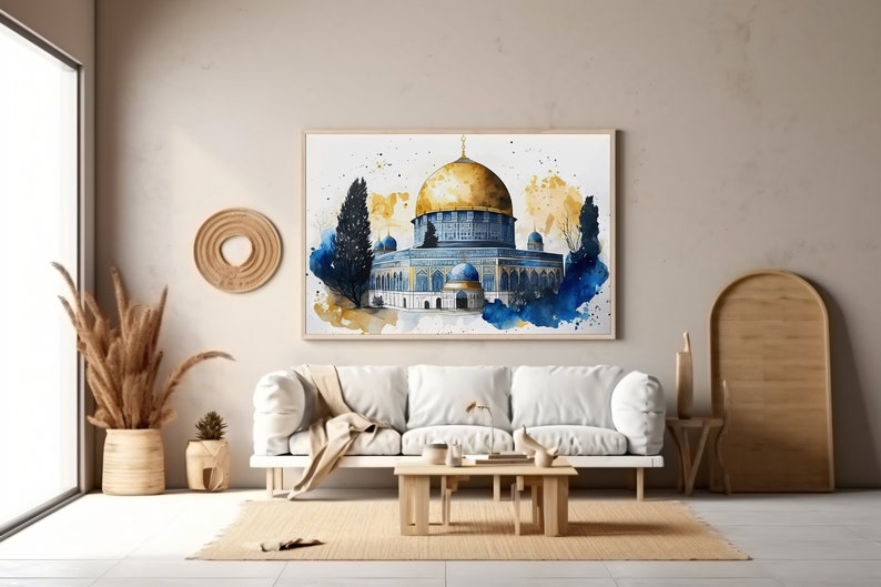 Islamic Wall Art, Al Aqsa Mosque, Dome of the Rock, Palestine, 300gsm Fine Art Paper, Watercolor painting, Arabic design. image 6
