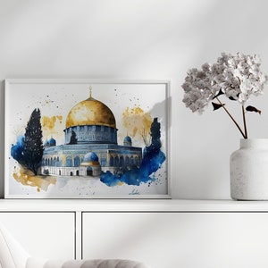 Islamic Wall Art, Al Aqsa Mosque, Dome of the Rock, Palestine, 300gsm Fine Art Paper, Watercolor painting, Arabic design. image 3