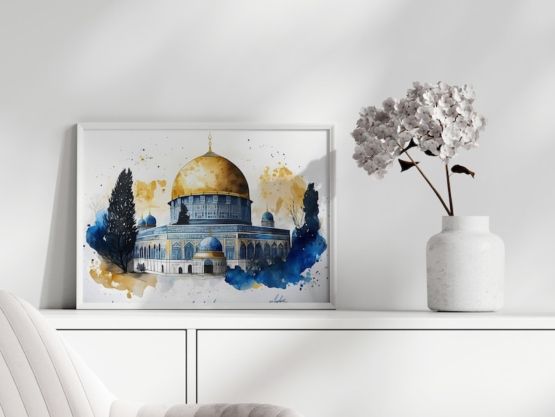 Islamic Wall Art, Al Aqsa Mosque, Dome of the Rock, Palestine, 300gsm Fine Art Paper, Watercolor painting, Arabic design. image 3